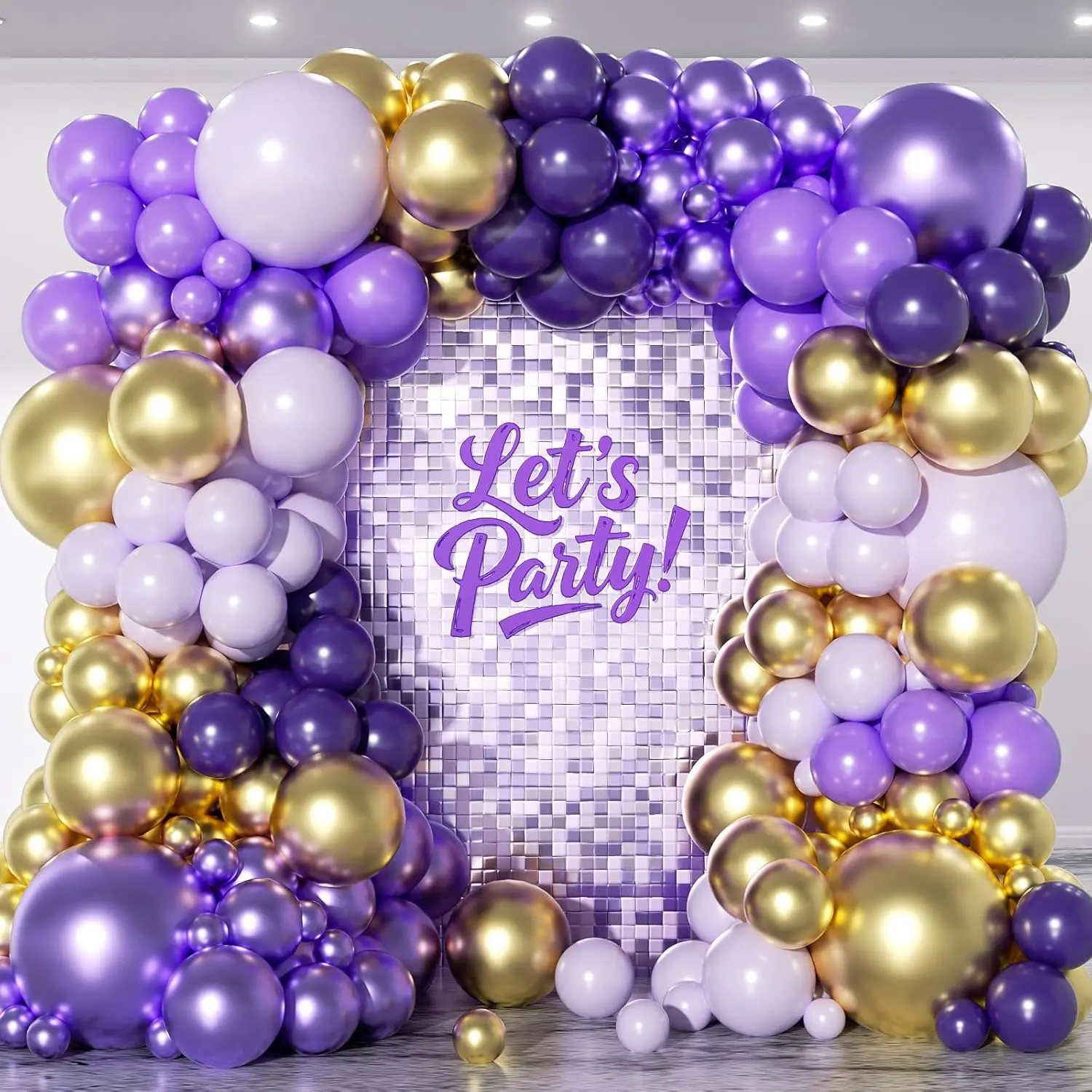 151Pcs Multi-Size Purple & Gold Square Latex Balloon Garland Arch Kit with Elastic Band - 18in,12in,10in,5in Lavender,Lilac,Metallic Confetti Balloons for Birthday,Baby Shower,Christmas Decorations, Latex Balloons