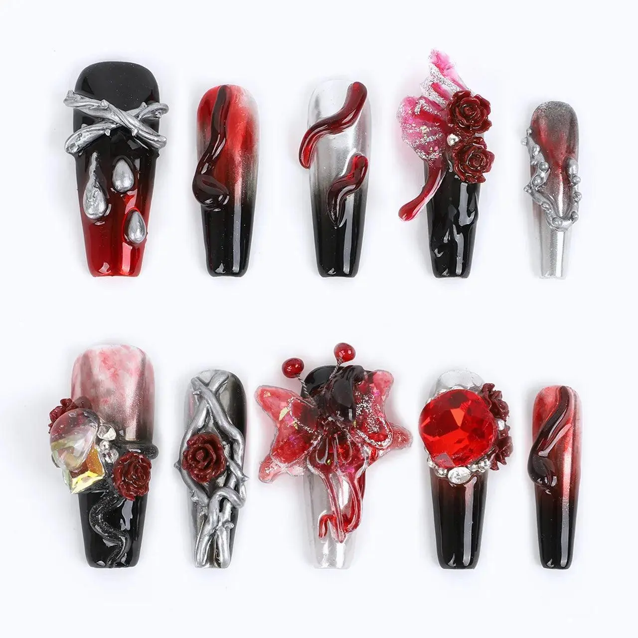 Multicolor Dark Y2K Style Red Press Acrylic Handmade Nail Press Ons Medium Coffin Press Nail Glitter Glue Butterfly Designs with Rhinestones Press Nails Art