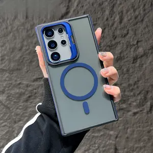 Transparent Magnetic case for Samsung Galaxy S25 Ultra S24 S23 Plus case, Border Anti-Slip Strips and Lens Film Protection,Camera Stand Phone case