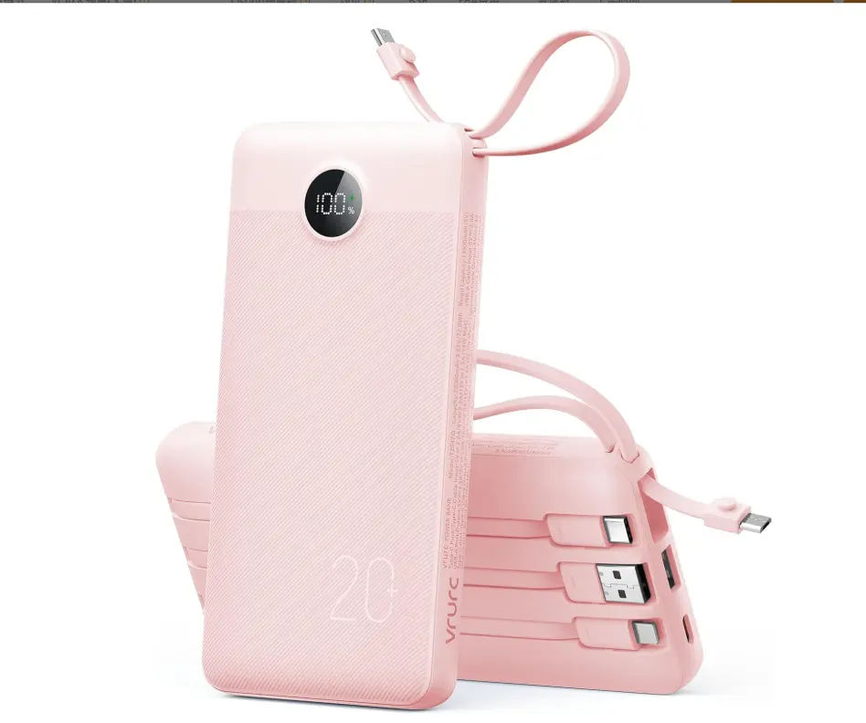 VRURC T2047 Portable 20000mAh Fast Charging PD 22.5W Power Bank, Mobile Accessories with 5 Outputs, 3 Inputs, 4 Cables, USB Charging, LED Display, Compatible for iPhone Samsung Android Google - Pink