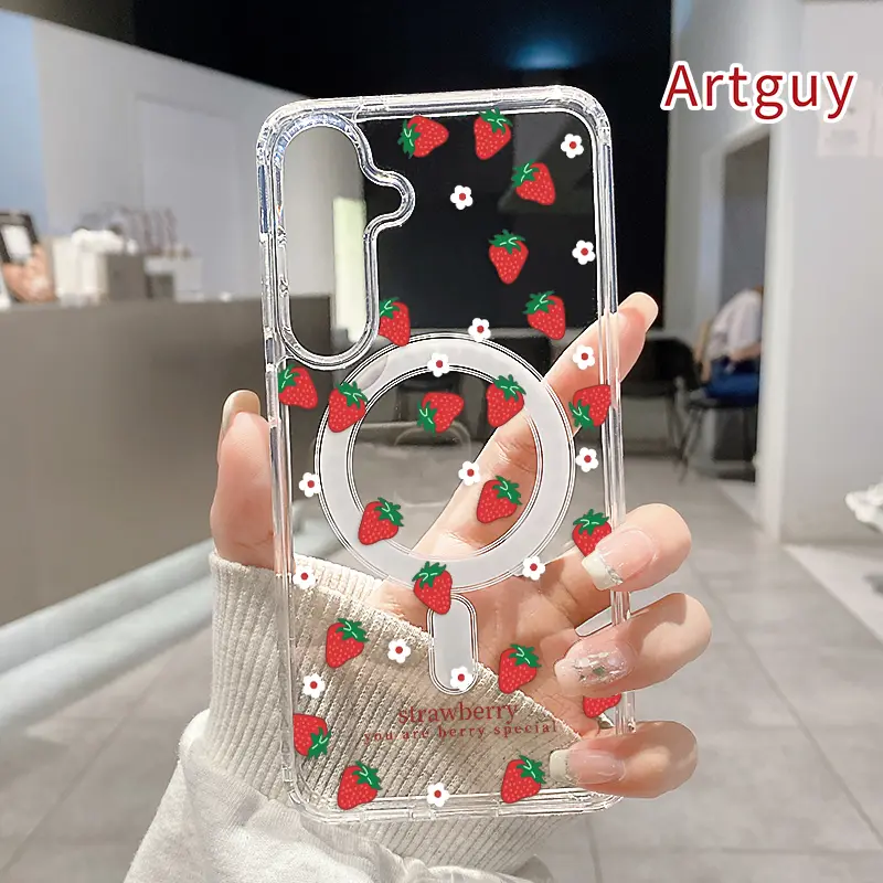 Strawberry Reverie Pattern Magnetic Phone Case for  Samsung GalaxyS26  S23 Ultra S24 Plus FE S25 S22+ Non-Yellowing Clear Crystal Drop-proof Slim Silicone Shockproof Transparent Acrylic Large Hole Cover Supports Wireless Charging
