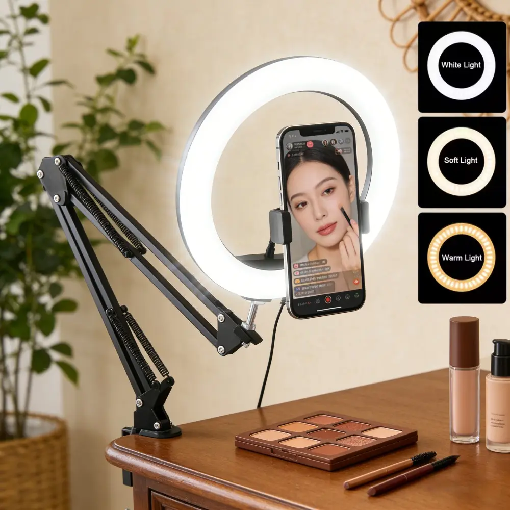 1pc LED Smart Ring Light Phone Holder with Three Color Options, Height Adjustable, 10Level Brightness, Dimmable LED Circle Round Light for Selfie Camera Photography/Makeup, Camera Accessories, Tripod Light, Camera Stand, Selfie Fill Light