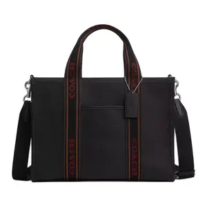 Coach Smith 35 Logo-Embossed Pebbled Leather Tote Bag for Women, Silver and Black Multi-Color