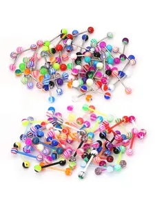 100Pcs CrazyPiercing Wholesale 14g Stainless Steel/Acrylic Bar Tongue Rings Barbells Assorted Colors Acrylic Ball (Half 50P Half)