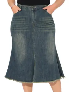 Agnes Orinda Women's Plus Size Denim Skirts Vintage High Waist A Line Fishtail Midi Jean Skirt with Pockets Grey Blue