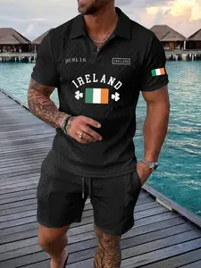 Men's 2-Piece Summer Short Sleeve Polo Shirt Casual Matching Set, Textured Fabric Letter Flag Print, Fitted Shorts, Outdoor Sports Leisure
