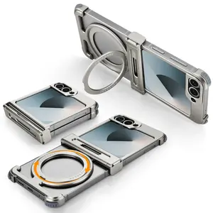 OATSBASF for Samsung Galaxy Z Flip 6 Bumper Case, with Kickstand 360° Rotatable Magnetic Stand Case, Minimalist Aluminum Bumper Protective, Frameless Bezel Less Slim Shockproof Metal Cover