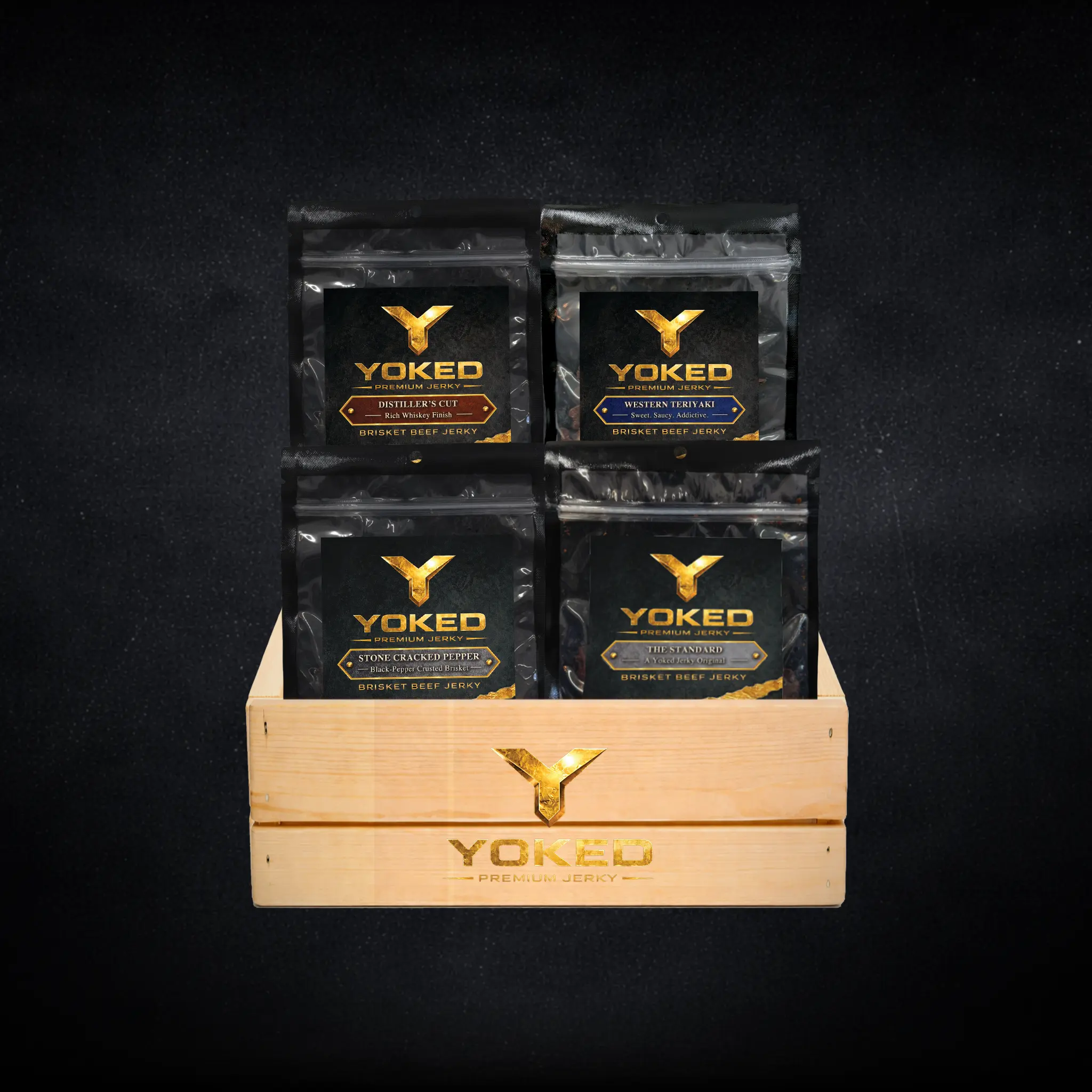Yoked Family Road Trip Snack Stack | 4-Pack Premium Brisket Beef Jerky Variety Bundle | High Protein Travel Snacks