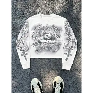 American street-style fitted sweatshirt with angel print, round neck, long sleeves — trendy casual short design, new fashion for fall and winter