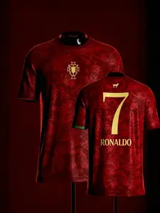 Ronaldo #7 Portugal National Team Red GOAT Print Soccer Home Jersey Portuguese Cultural Pattern Gold Number Breathable Quick Dry Short Sleeve for Ronaldo Fans, Portugal Supporters, Football Collectors & Streetwear Enthusiasts