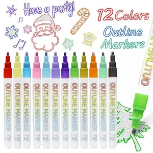 12-Color Double Line Outline Art Pen Marker Pen, DIY Graffiti,  Water-Based, Non-Toxic High Quality, Metallic Glitter Writing Drawing Pen for Scrapbook Diary Poster Card, Greeting Card Making, DIY Art Crafts, Perfect Easter, Christmas, Back-to-School Gift