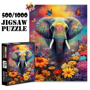 1pc 1000 piece adult puzzle 70x50cm Colorful Elephant with Butterflies and Flowers 500 pieces paper jigsaw puzzle suitable for DIY creative games for adults and families, birthday and holiday stress