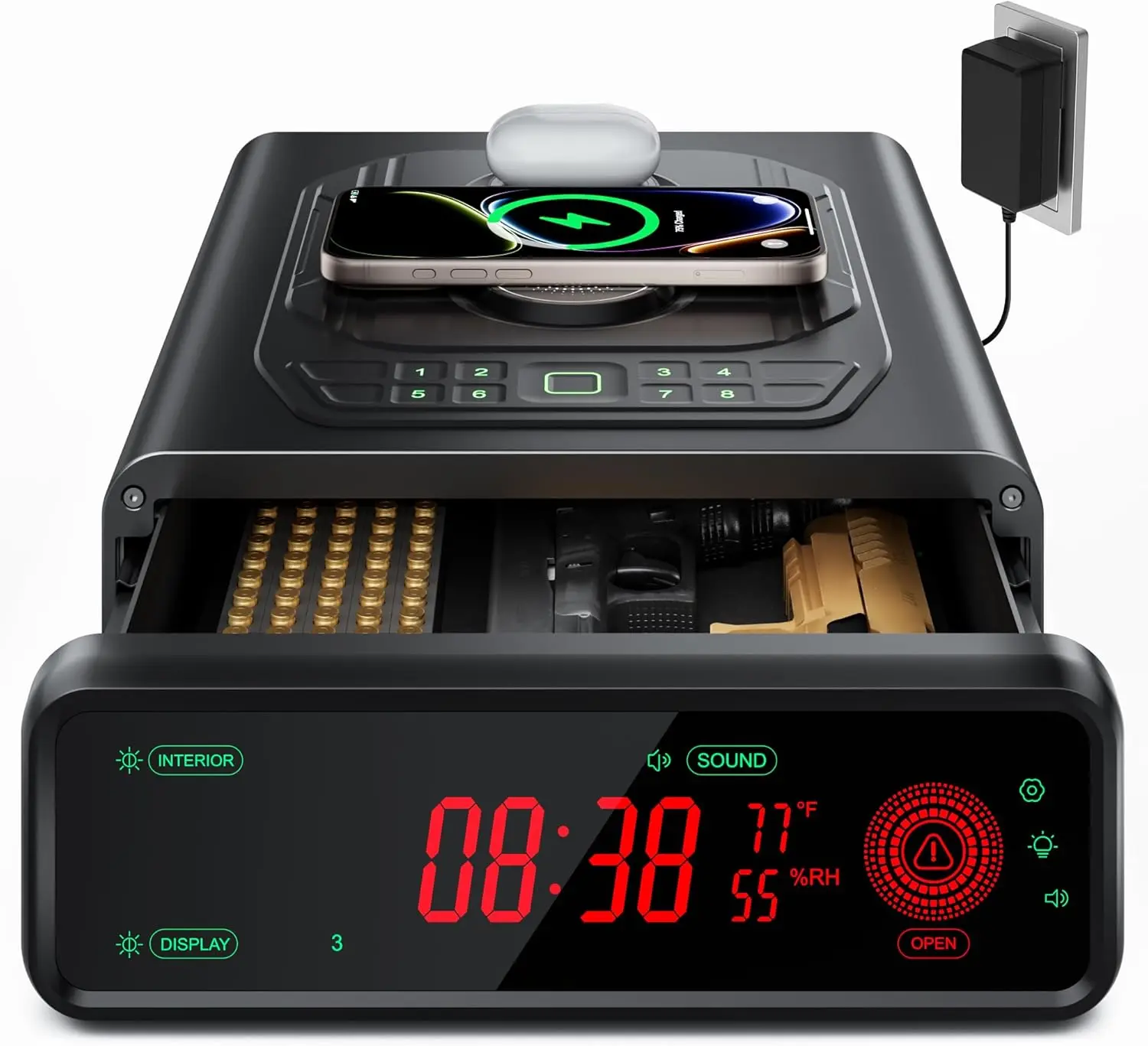 TRRKO Smart Biometric Handgun Safe - Smart Safe with Wireless Charging, Silent Auto-Open, Quick Access for Home Nightstand & Valuables, Smart Safe Safes