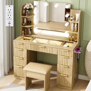 VOWNER Fluted Vanity with Mirror and Lights, 43" Glass Top Makeup Vanity Desk with 9 Drawers, 6 Storage Shelves and Outlet, 3 Color Lighting Modes Adjustable Brightness for Bedroom, Oak