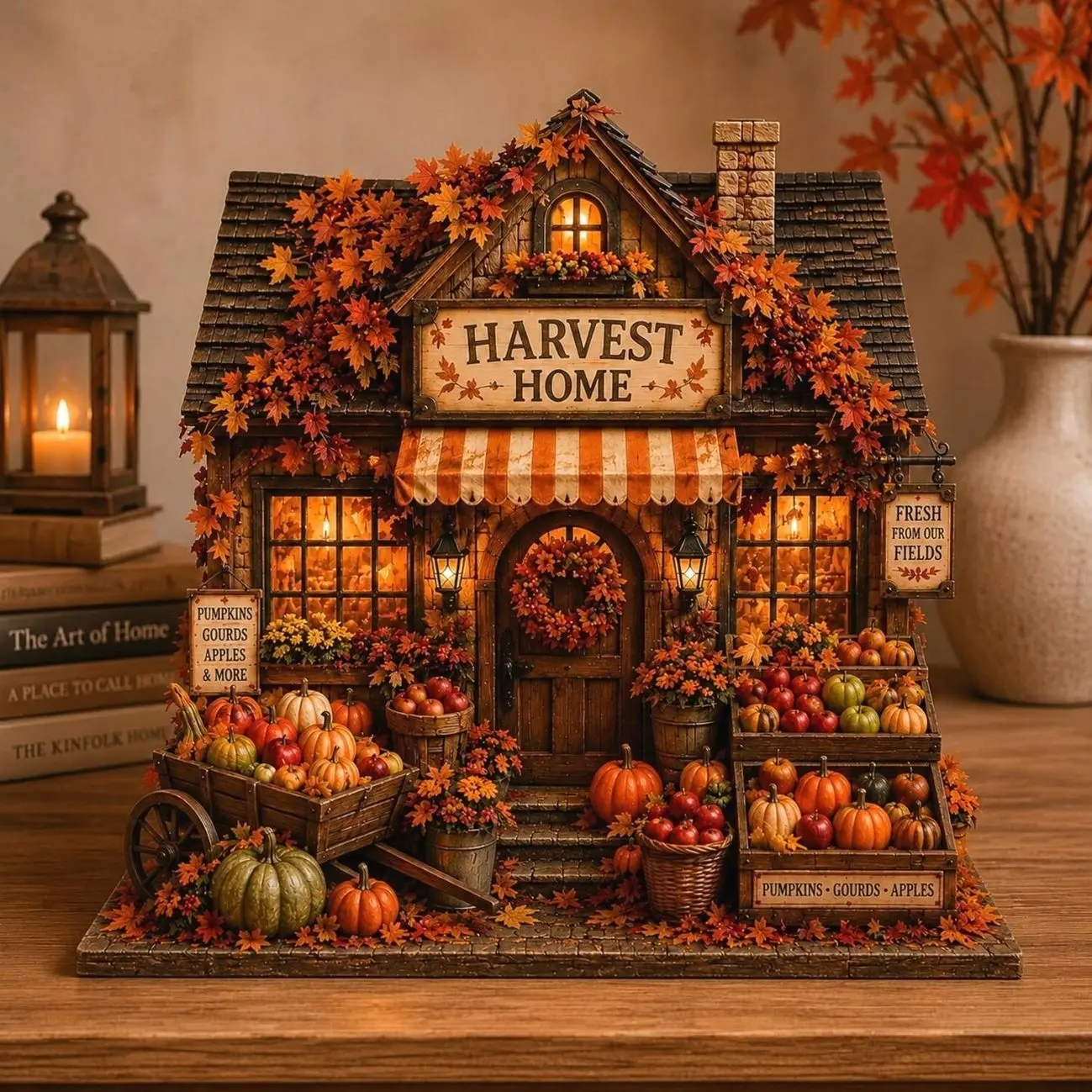 Custom Family Name Harvest Home Wood Sign, Fall Pumpkin Shelf Display Decor, Thanksgiving Gift for Family, Cottage Farmhouse Table Sign
