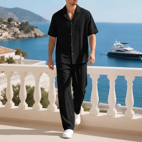 Men's 2-Piece Textured Casual Shirt and Pants Set, Short Sleeve Camp Collar Button Down Outfits, Lightweight Breathable Summer Beach Vacation Lounge Wear