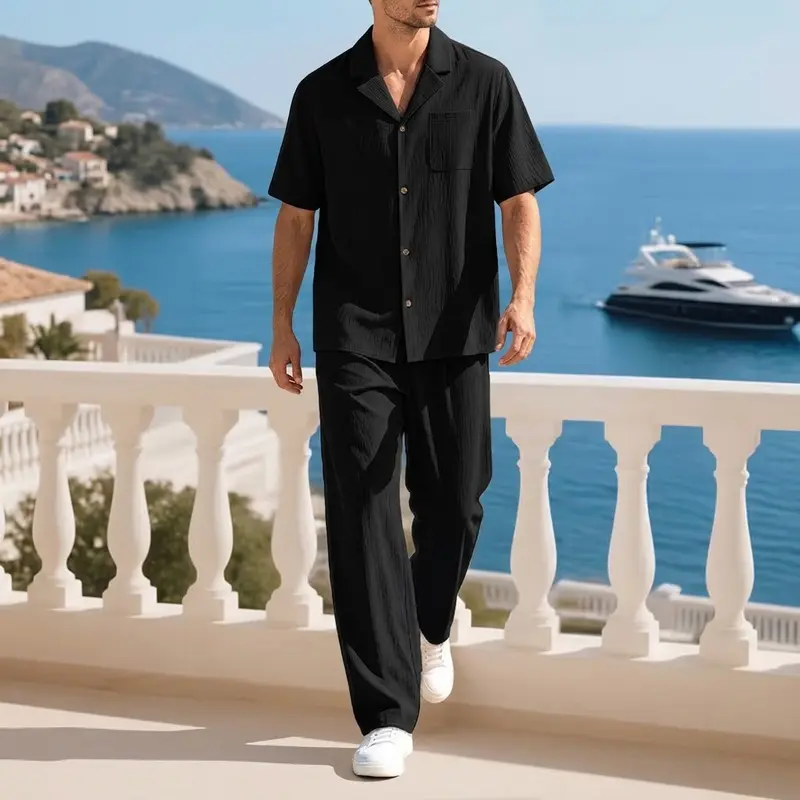 Men's 2-Piece Textured Casual Shirt and Pants Set, Short Sleeve Camp Collar Button Down Outfits, Lightweight Breathable Summer Beach Vacation Lounge Wear
