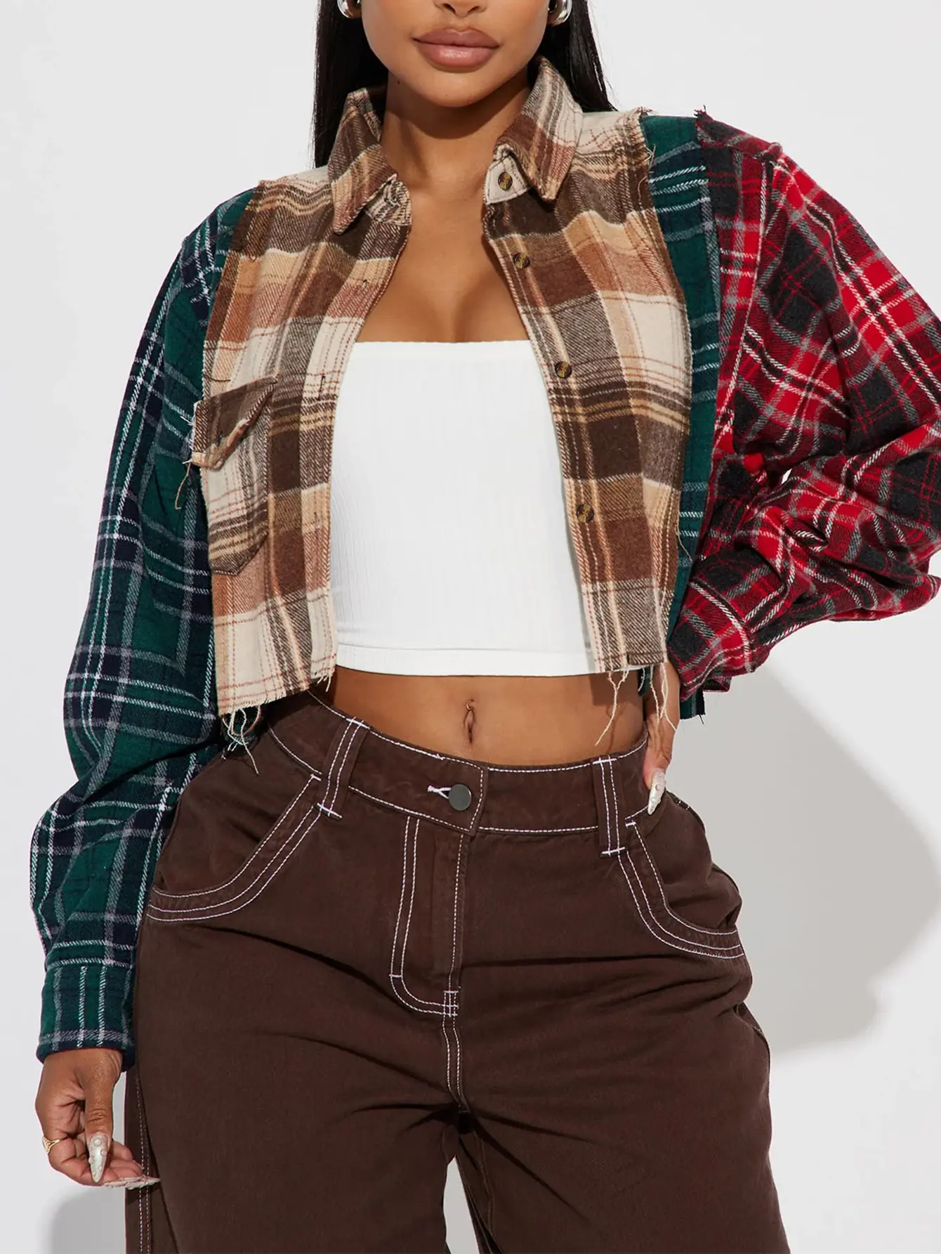 Ladies' checkered patchwork short shirt coat Casual Top   HZ105