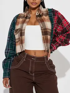 Ladies' checkered patchwork short shirt coat Casual Top   HZ105