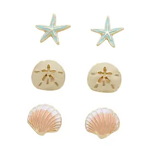 Beach Stud Seashell Earrings Set of 3 - Star, Shell, and Sanding Design - Assorted Colors - Elegant Beach-Themed Accessories