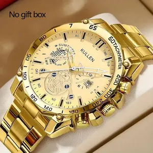Luxury Business Geometric Cut Simulated Mechanical Calendar Men's Watch, Casual Wristwatch, Dial, Gold Accents, Date Display