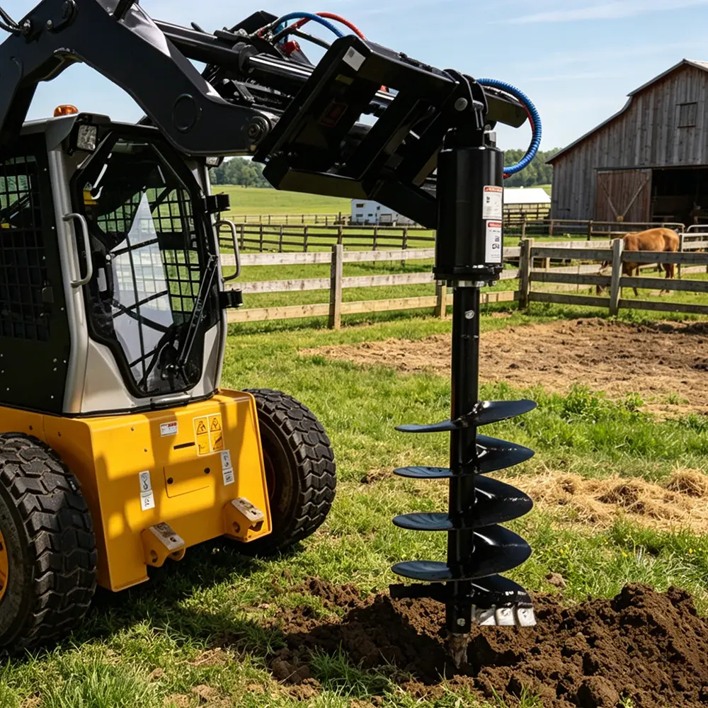 LANDY Skid Steer Post Hole Auger Attachment with Mounting Plate, 18" Heavy-Duty Direct-Drive Earth Drill, Planetary Gears, Hydraulic Motor, 46" Drilling Depth, Universal Fit, Hoses & Couplings for Fence Post Installation