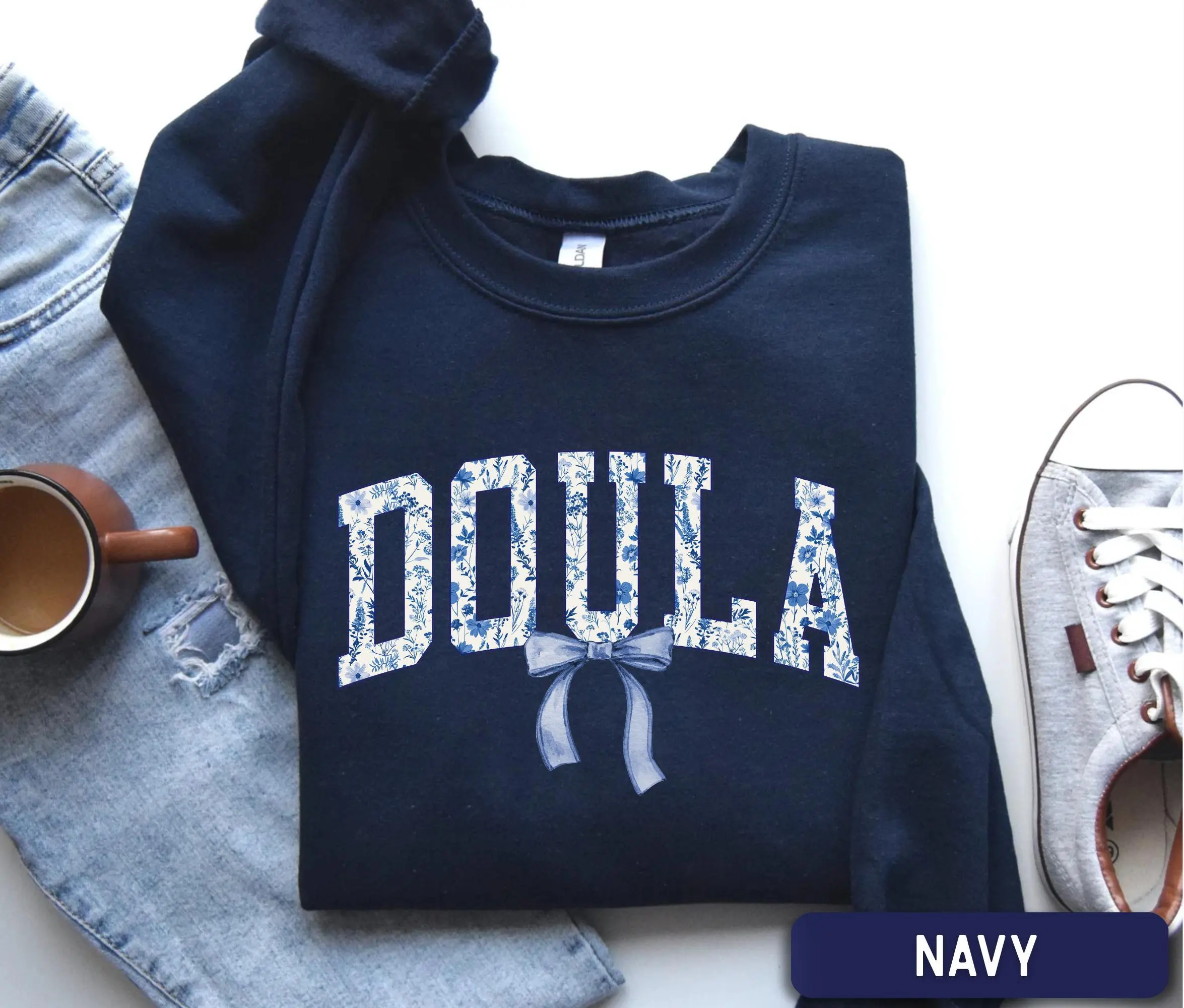 Floral Doula Short Sleeve T-SHIRT OR Sweatshirt , Birth Worker Crewneck, Doula Gift Shirt, Midwife Appreciation Sweater, Maternity Support Shirt, Navy Pullover