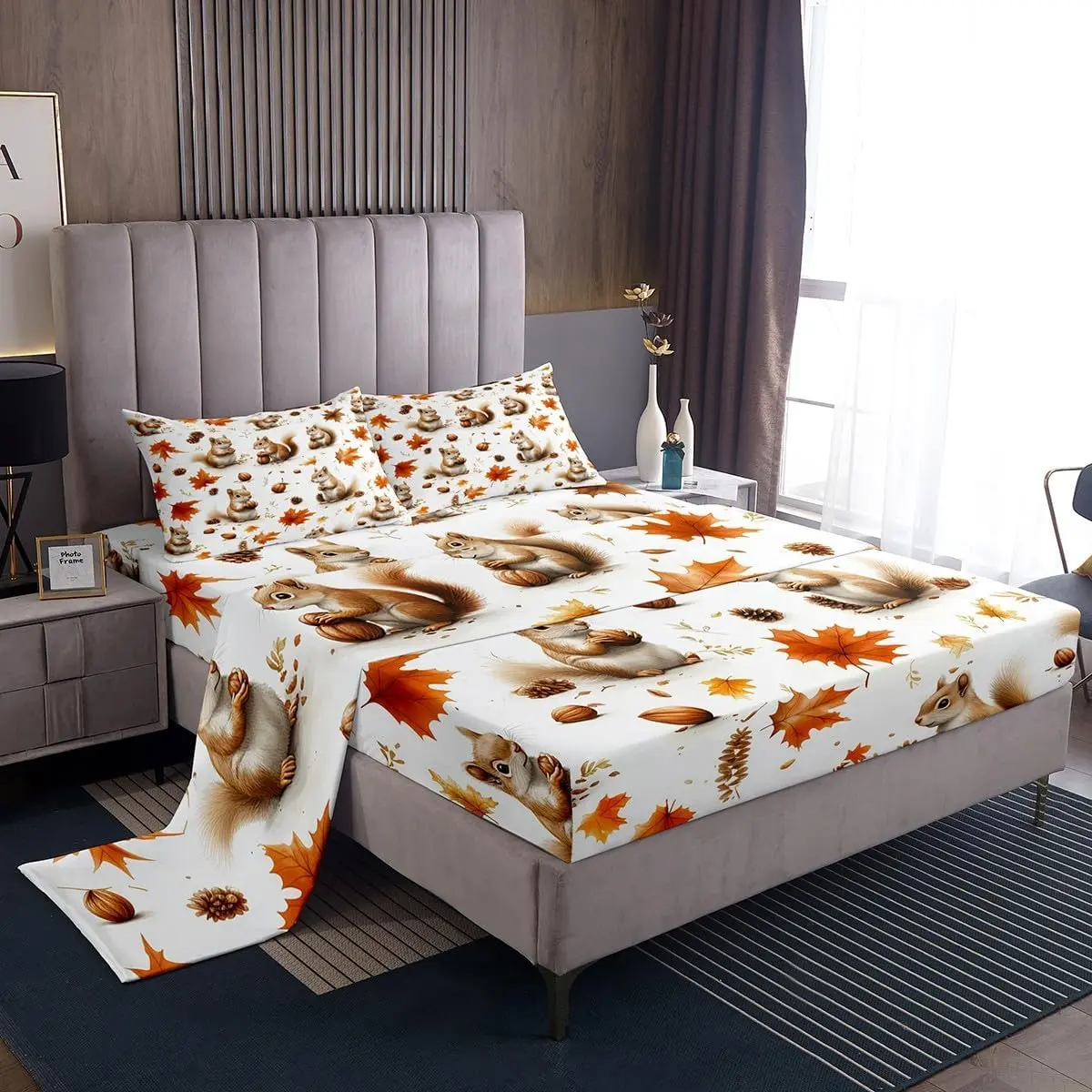 Feelyou Fall Sheet Set - Cute Squirrel Print Bedding, Cartoon Animal & Maple Leaf Designs, Deep Pocket Fitted Sheet for Teens