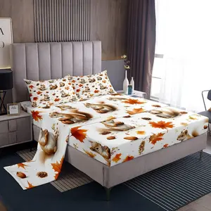 Feelyou Fall Sheet Set - Cute Squirrel Print Bedding, Cartoon Animal & Maple Leaf Designs, Deep Pocket Fitted Sheet for Teens