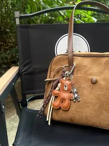 Vintage Maillard Style Teddy Bear Pendant - Brown Pu Leather Teddy Bear, Silver Mini Teddy Bear, Woven Rope In Niche Retro Style, Bag Pendant, Keychain, Bag Charm, Charms For Bags