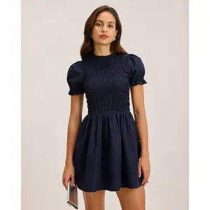 Blue Shirred Puffed Sleeve Mini Dress