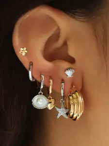 7 Piece Starfish Shell Pendant Earring Set, Stackable Designs for Women, Coastal Style, Perfect for Beach Vacation Parties