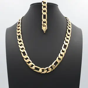 Large Gold Figaro Chain, 12mm Flat Figaro Chain Set, Solid Smooth Figaro Necklace & Bracelet, 14k Heavy Plated Gold, Lifetime Replacement Guarantee