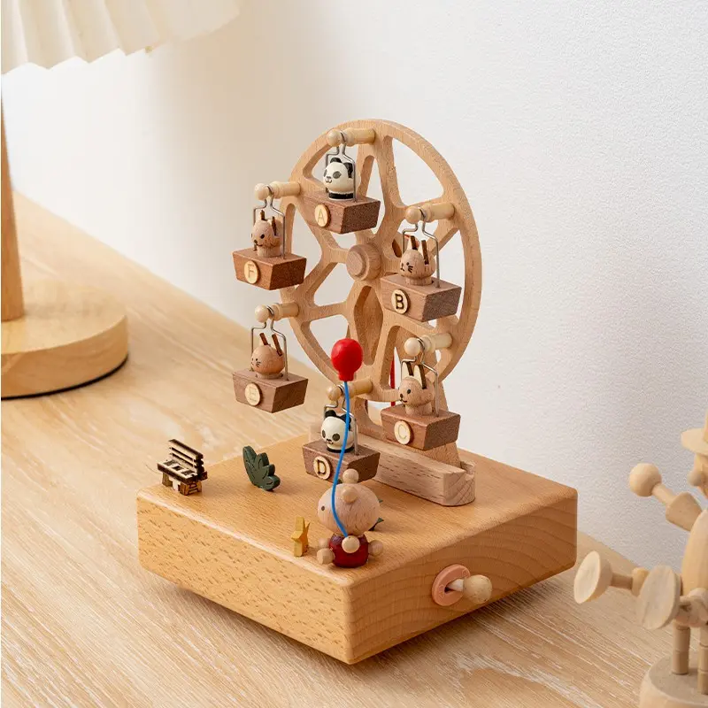 Simple Handcrafted Wooden Rotating Ferris Wheel Decorative Music Box, Healing Calming Desktop Musical Box, Elegant Design, Perfect Gift Idea, Ideal for Home Decor