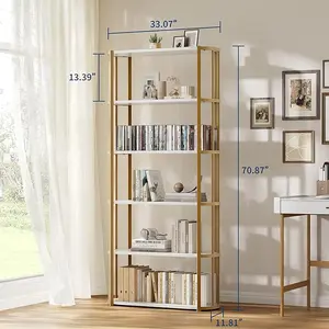 6 Tier Industrial Bookshelf, 71 Inch Tall Narrow Wooden Bookcase with Iron Frames, Compact Open Display Shelving Unit for Living Rooms Bedroom, Apartments