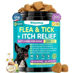 Dog Flea and Tick & Itch Support, 200Ct Dogs Flea Chewables with Omega-3 Fish Oil Vitamin B for Allergy Itching Skin Support, Chicken Flavor