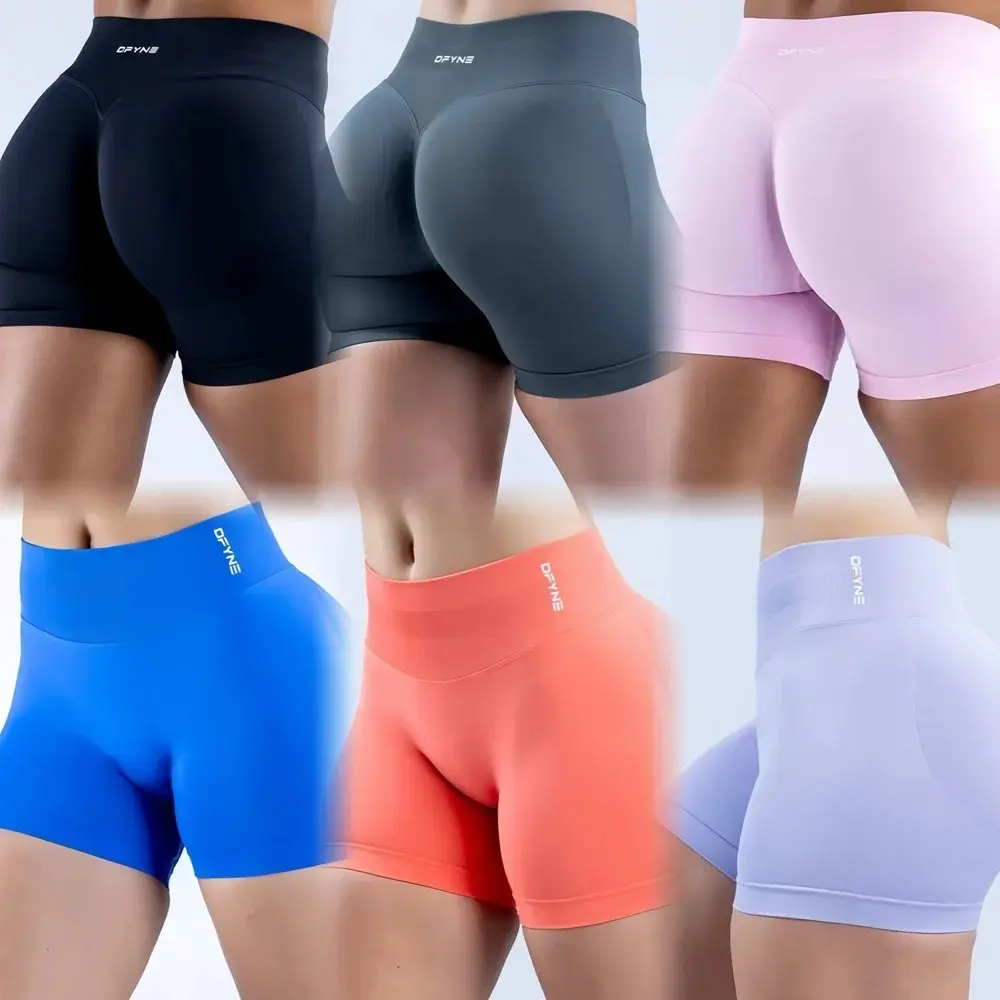 DFYNE Impact Shorts |     4.5",  With Logo Low Ribbed Band Yoga Shorts Seamless Scrunch Bum Workout Gym Shorts Yoga Booty Running Short Pants