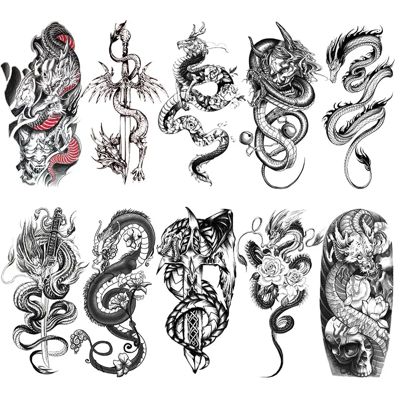 10 Dragon Temporary Tattoos, Realistic Sword Dragon Fake Tattoo Stickers, Waterproof 3D Arm Tattoos, Party Body Art