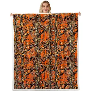 Tree Fleece Throw Blanket Kids Natural Tree Plush Blanket for Boys Teens Camo Sherpa Blanket Camouflage Orange Fuzzy Blanket Room Decor