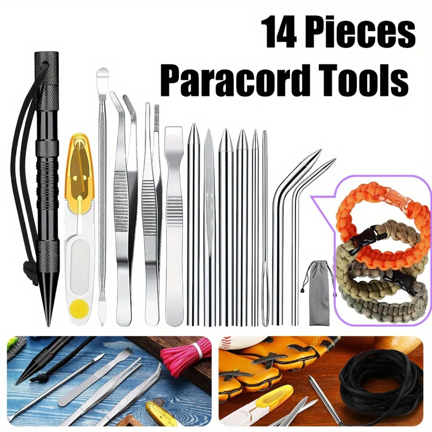 14 Pcs Paracord Tools Needles Paracord FID Set Stitching Set Stainless Steel Lacing Needles Smoothing Tool Knotter with Marlin Spike for Work Leather Weaving, Diy Crafts, Shoelaces