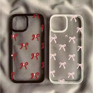 Fashionable Red Pink Bow Clear Phone Case For iPhone 15 16 17 Pro Max Plus 16E 14 13 Pro Max MINI 17 Air Anti-fall Cover