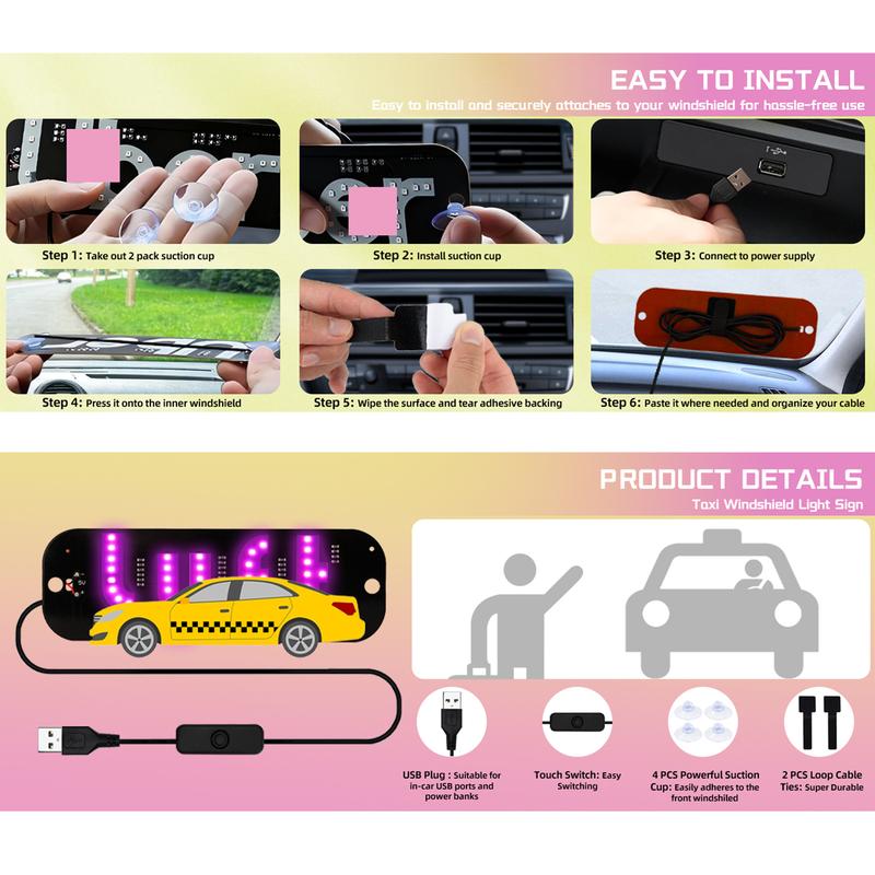 U/L Taxi Sign Light LED Decal for Car Windshield with Suction Cups USB Plug Dual-Color Conversion Scrolling Display Board Pink & Blue Light