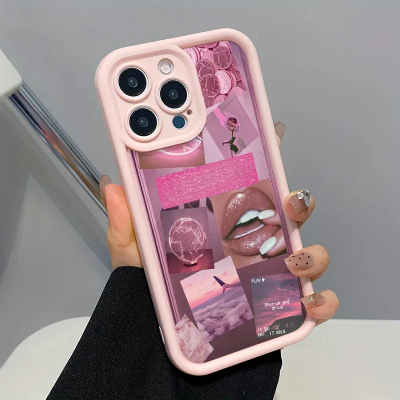 Pink Lips Creative Puzzle Pink Frosted Drop-Proof Phone Case with TPU Lens Protection, Raised Edges, Durable Soft Cover for iPhone 17 Pro Max Line, 16, 16e, 15, 14 Plus, 13, 12 Mini, 11, Air, X, XS - 2D Printing Smartphone Accessory