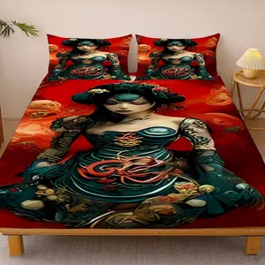 3pcs Bedding Set, Queen/king Size, Ink Style Print, Deep Pocket Design, Non-Slip Multifunctional, Pet-Friendly