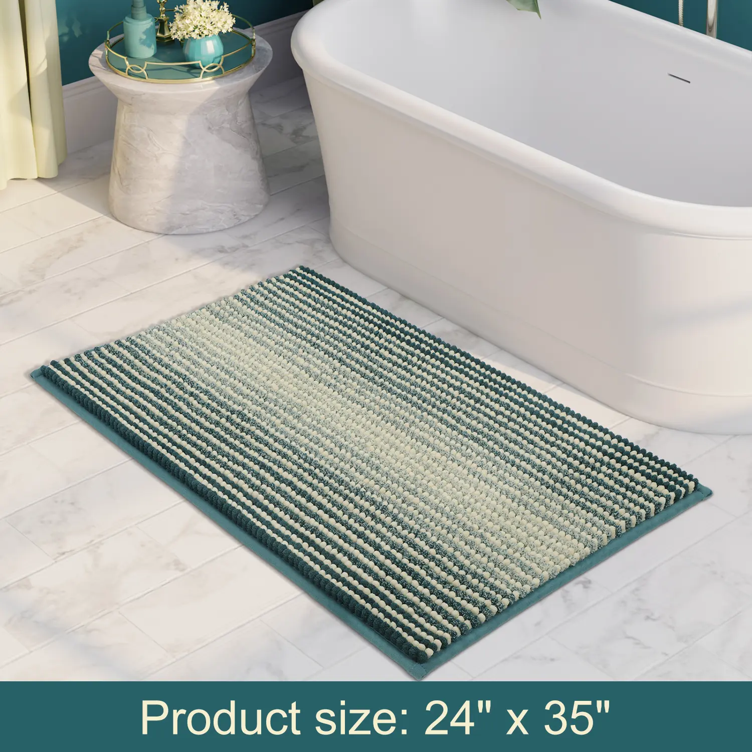 Large Bathroom Rugs, Bath Mat Rug for Bathroom Non Slip 24 x 36 Inches Water Absorbent Chenille Bathroom Floor Mats Machine Washable (Teal Blue and Cream)