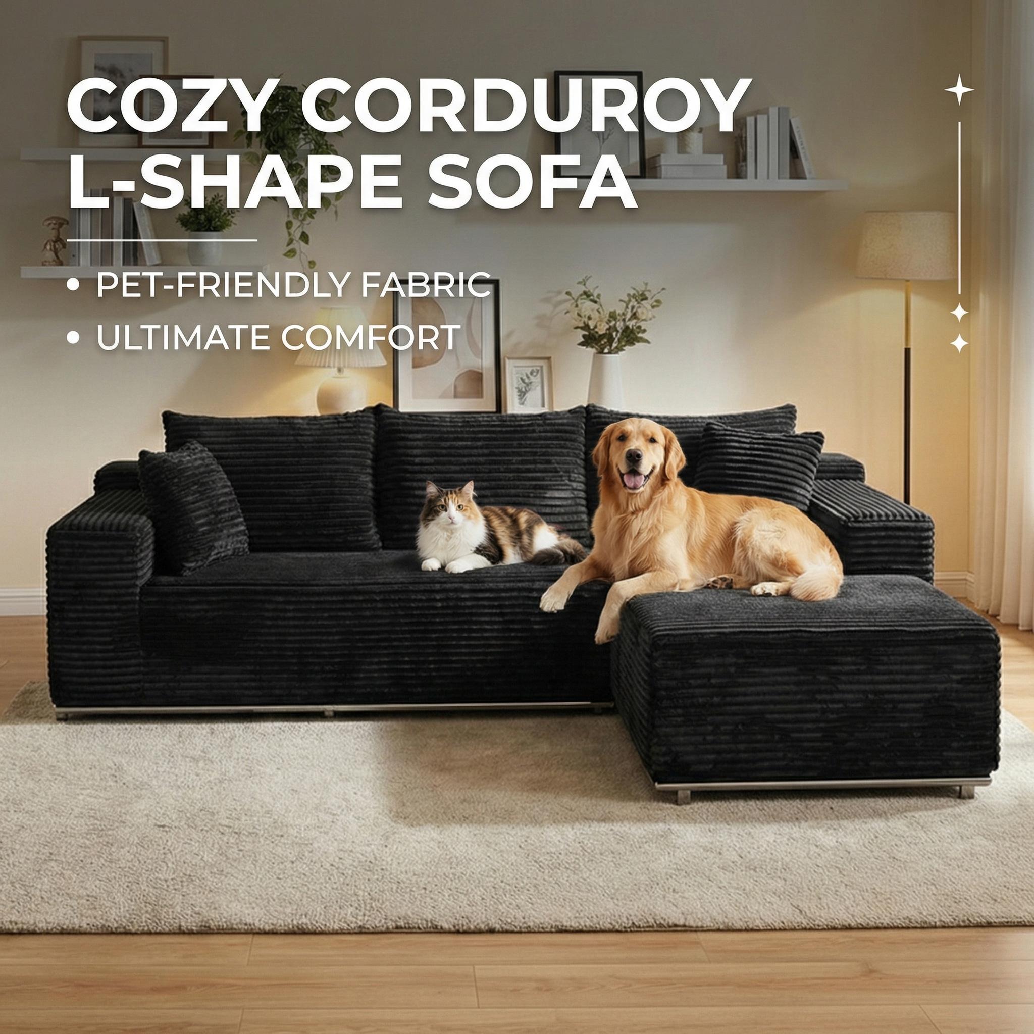 [3 Packages Shipping] Upgraded Elevated L-Shaped Sofa with Metal Iron Frame 105" Boneless Sectional Cloud Couch Corduroy Velvet Modular with Chaise No Assembly Required Living Room Furniture