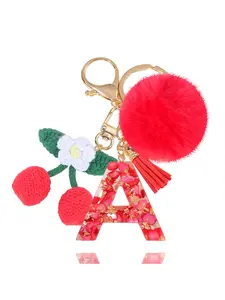Cute Cherry Letter Keychain with Fluffy Pom-Pom, Tassel & Knitted Cherry Pendant, Anti-Lost Key Ring, Bag Charm & Gift for Women Girls