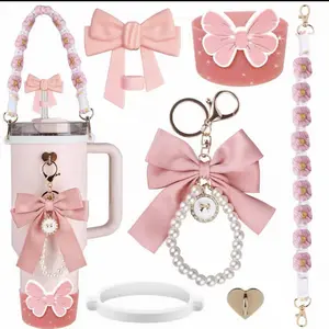 Bling Cup Accessories for 40/30/20 oz Tumbler with Handle Including Glitter Bow Straw Topper, Heart Straw Cover, Pearl Water Bottle Handle Strap, Boot, Pom-Pom, Keychain Charms(Pink)