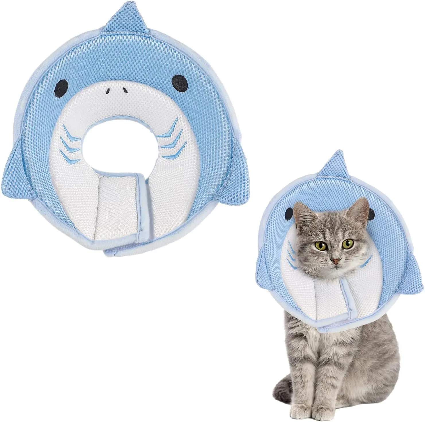 Soft, Adjustable, Breathable, Lightweight Sponge-Cotton Eyelet Fabric Cat Recovery Collar - Anti-Licking Pet Cone for Post-Surgery Use