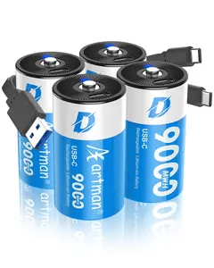 Artman Rechargeable Lithium D Batteries , 9000mWh Rechargeable Lithium-ion D Cell Battery with 2 in 1 USB-C Charging Cable, 1.5V Batteries D Size for Floodlight Toys, Water Heater, Gas Stove